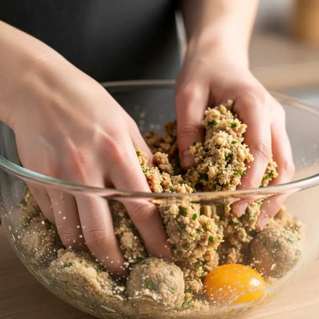 Misturando os ingredientes para a massa das almôndegas
