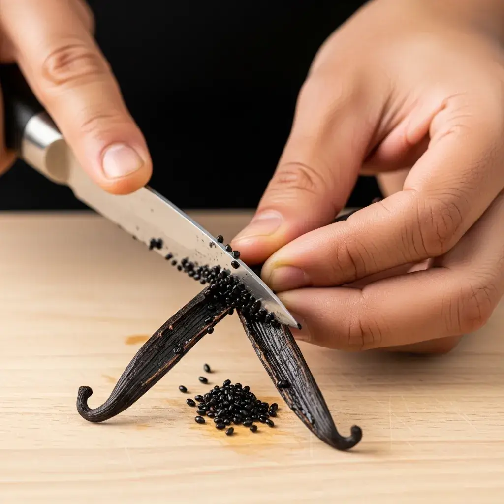 Raspando as sementes da vagem de baunilha para a pasta