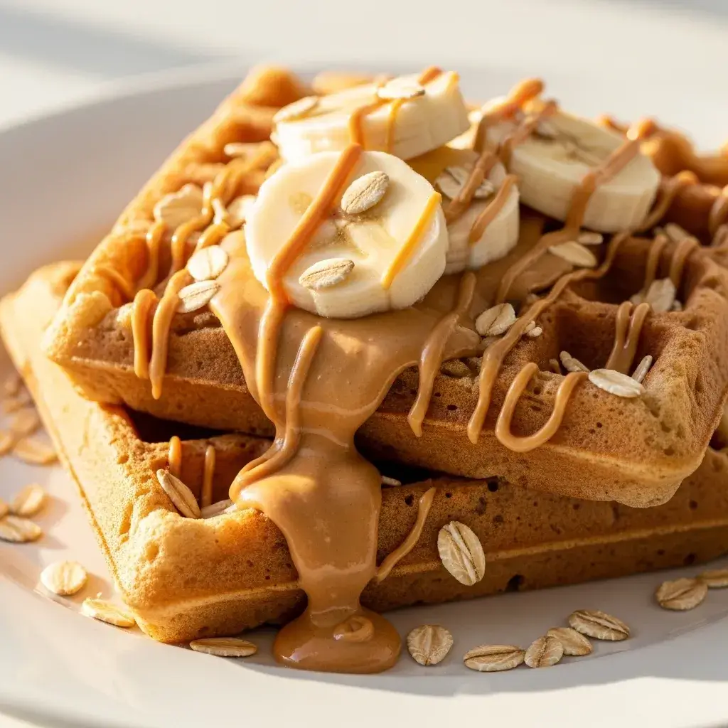 Waffle de Banana e Aveia saudável e dourado em uma pilha