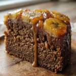 Bolo de banana invertido sem glúten caramelizado e molhadinho.