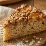 Fatia de bolo de maçã com aveia caseiro, úmido e saudável.