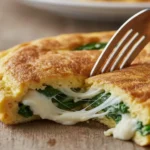 Omelete de Espinafre com Queijo fofa e dourada, com queijo derretido.