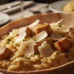Risoto de frango cremoso com queijo parmesão e cubos de frango dourado.