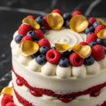 Bolo Red Velvet Romântico decorado com frosting branco e frutas vermelhas