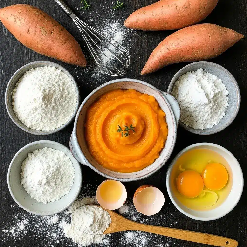 Ingredientes e farinhas para fazer pão de batata doce sem glúten