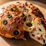 Pão de azeitonas, bacon e queijo