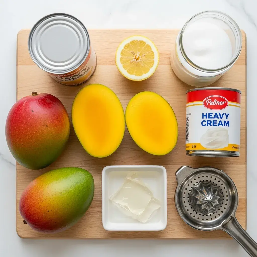 ingredientes frescos e naturais para a receita de mousse de manga