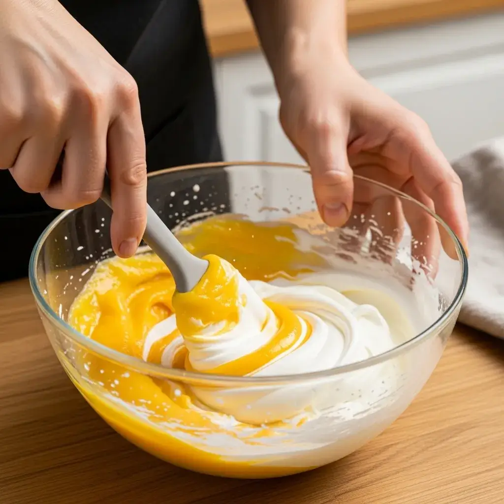 processo de misturar o purê de manga para fazer a mousse caseira