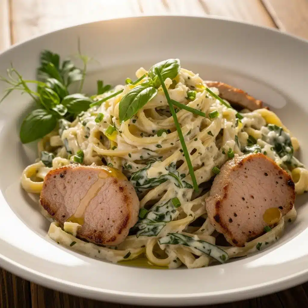 Mesa posta com Macarrão Cremoso com Carne e Molho de Queijo com Ervas