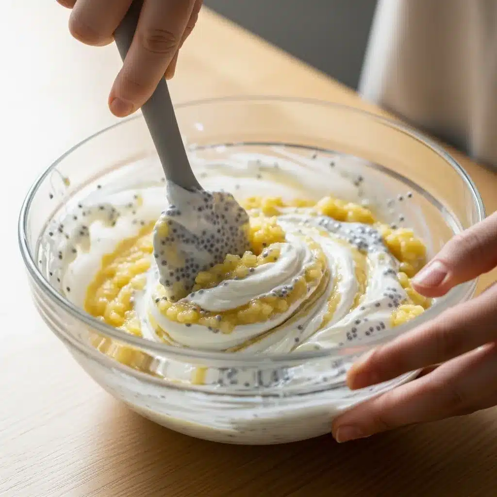 Misturando banana, iogurte e chia para o pudim.