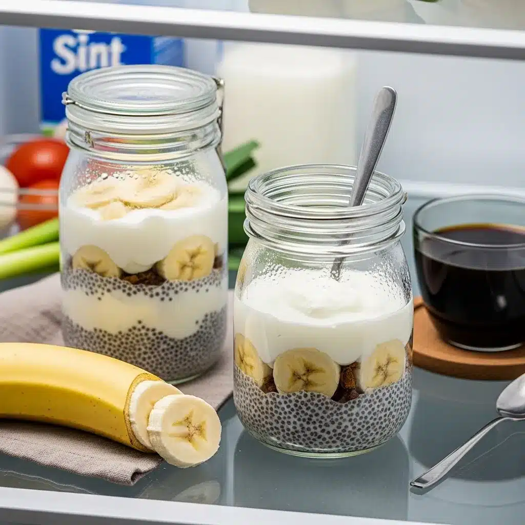 Potes de pudim de banana com iogurte e chia prontos na geladeira