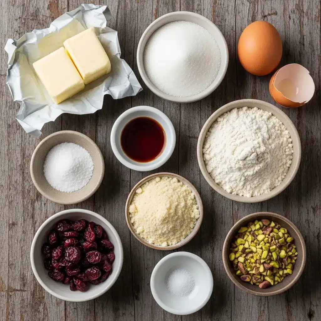 Biscoitos amanteigados de cranberry e pistache com farinha de amêndoa