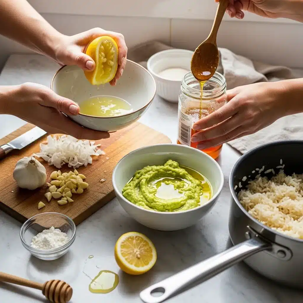 Frango com Mel e Limão e Arroz com Abacate