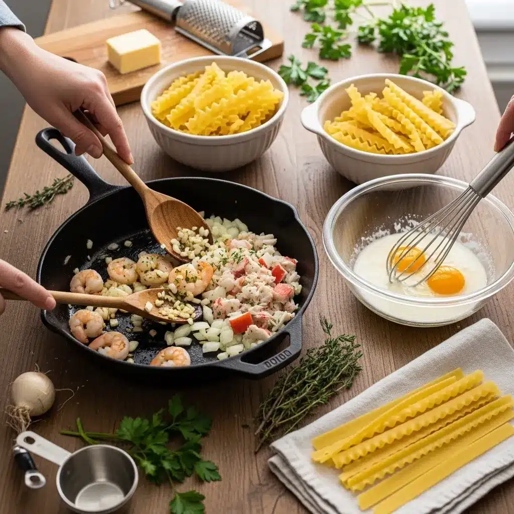 Rolinhos Irresistíveis de Lasanha Alfredo com Camarão e Caranguejo