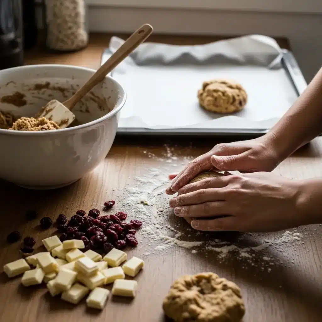 Biscoitos amanteigados de chocolate branco e cranberry
