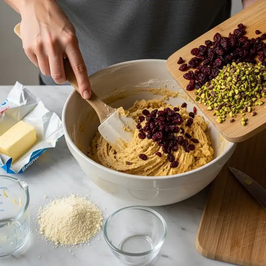 Biscoitos amanteigados de cranberry e pistache com farinha de amêndoa