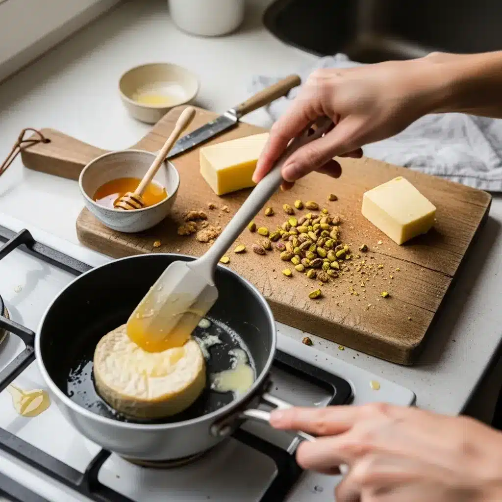 Molho quente de mel e pistache com queijo boursin