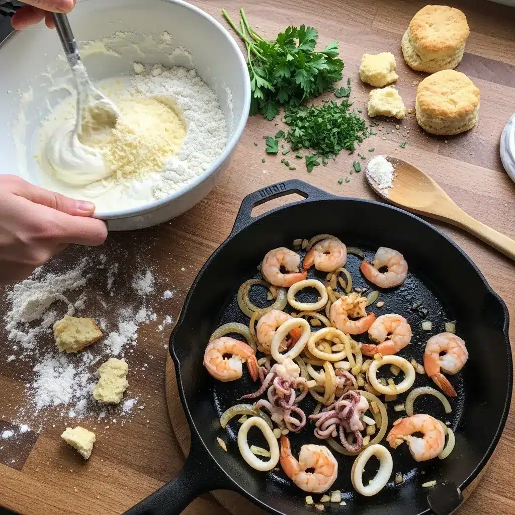 Torta de Frutos do Mar com Biscoito Cheddar Bay