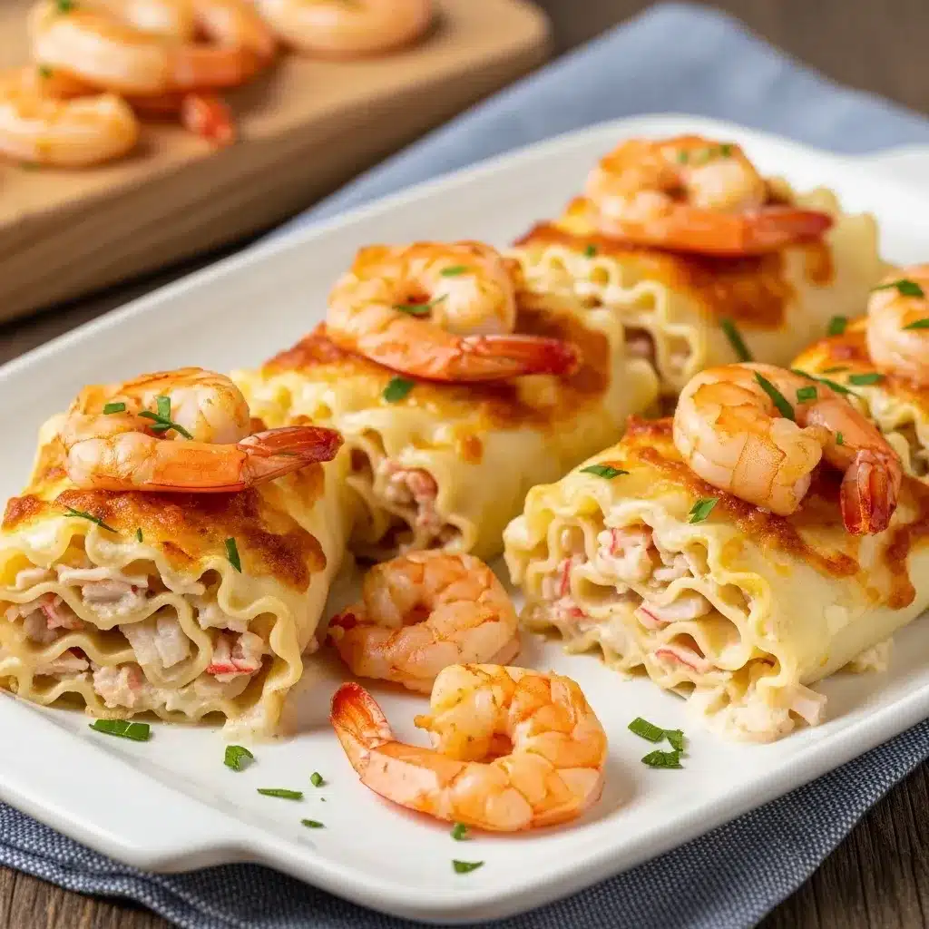 Rolinhos Irresistíveis de Lasanha Alfredo com Camarão e Caranguejo