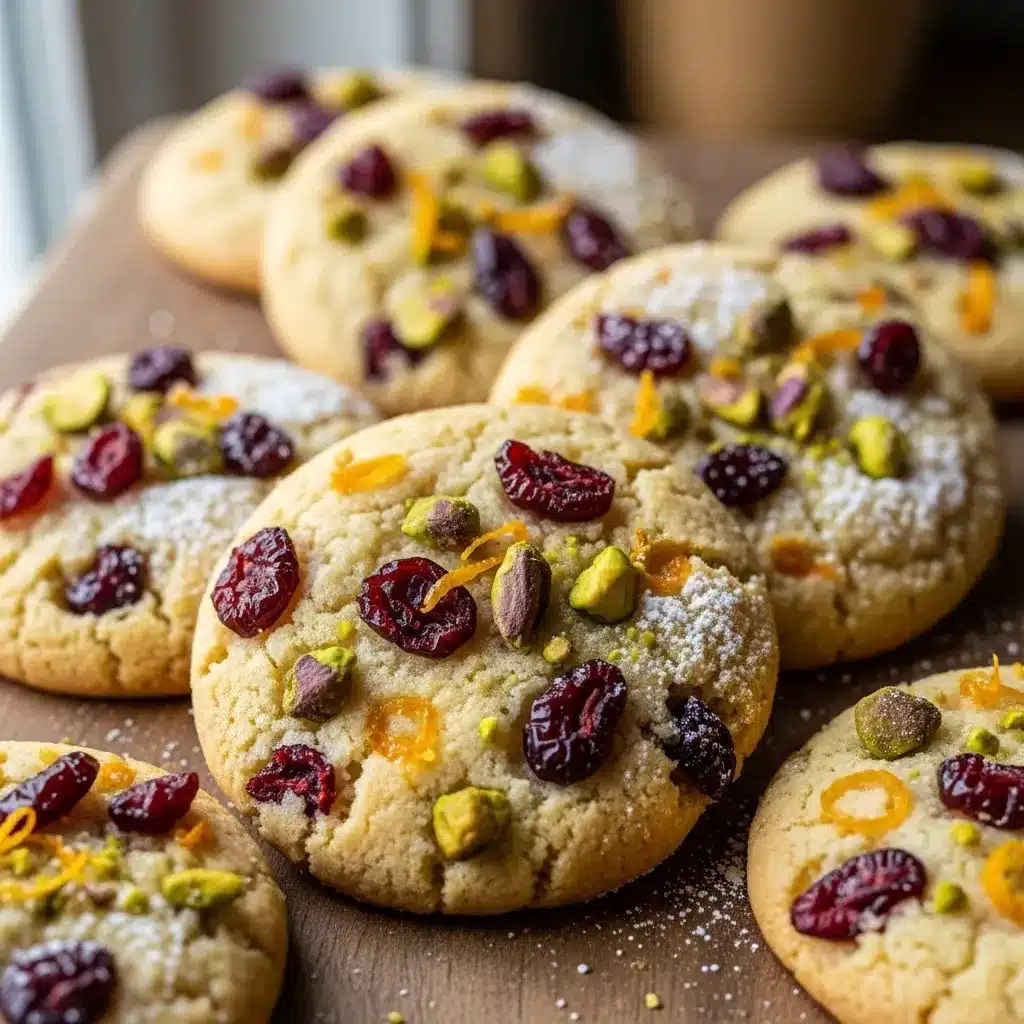 Biscoitos amanteigados de cranberry, laranja e pistache