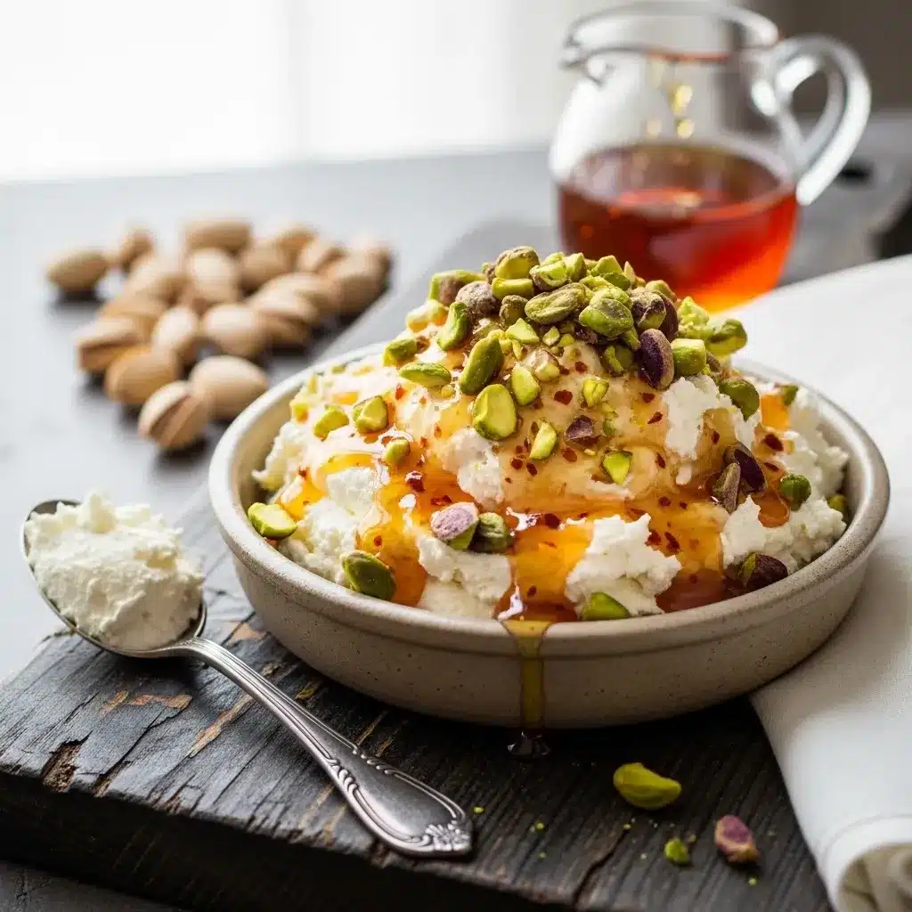 Molho quente de mel e pistache com queijo boursin