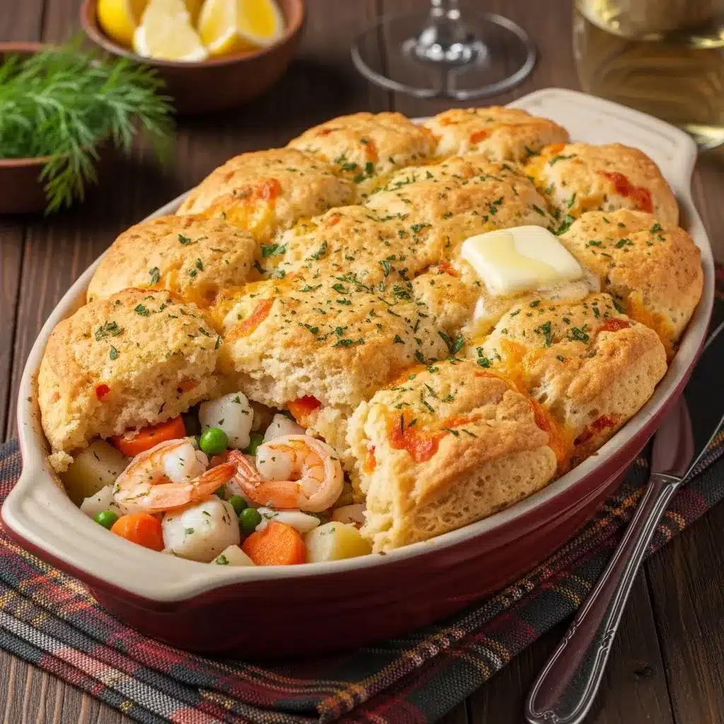 Torta de Frutos do Mar com Biscoito Cheddar Bay