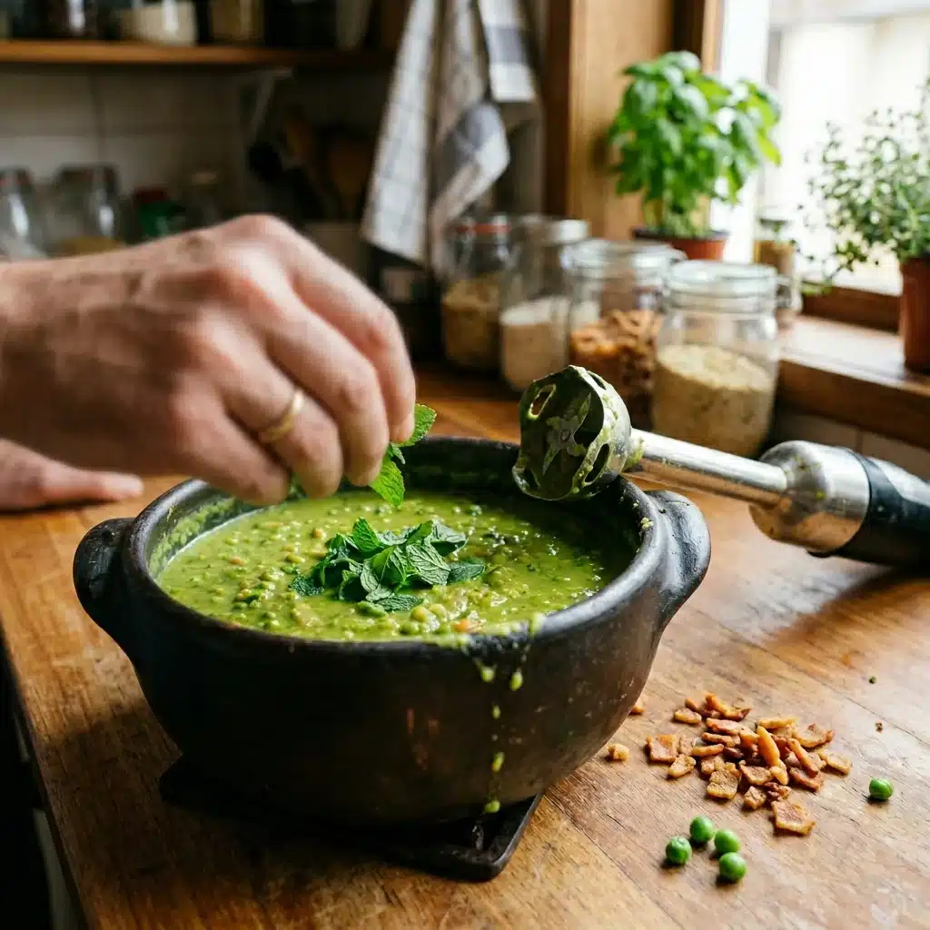 Sopa de Ervilha com Hortelã e Bacon Vegano