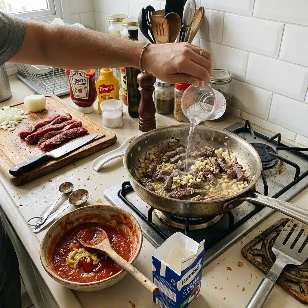 Strogonoff com molho de tomate (estilo russo)