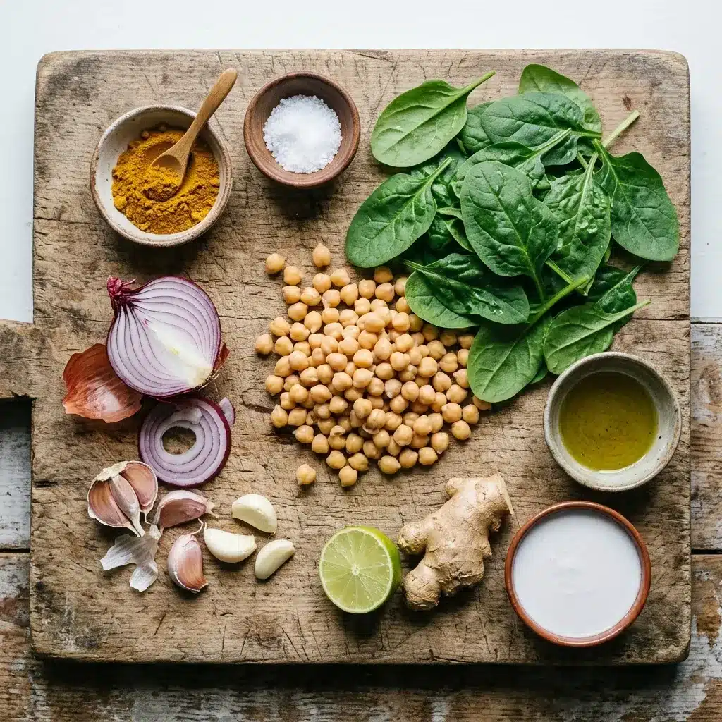 Curry de grão-de-bico com leite de coco e espinafre