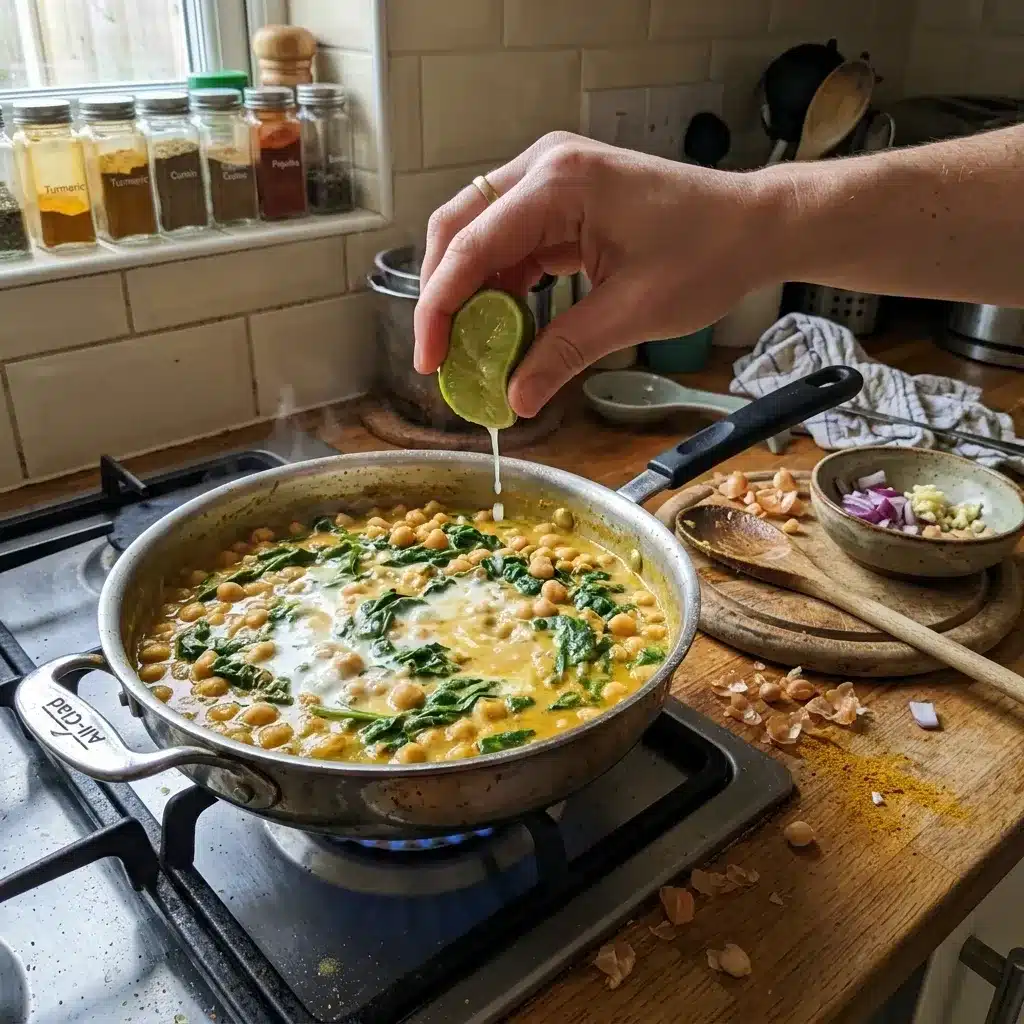 Curry de grão-de-bico com leite de coco e espinafre