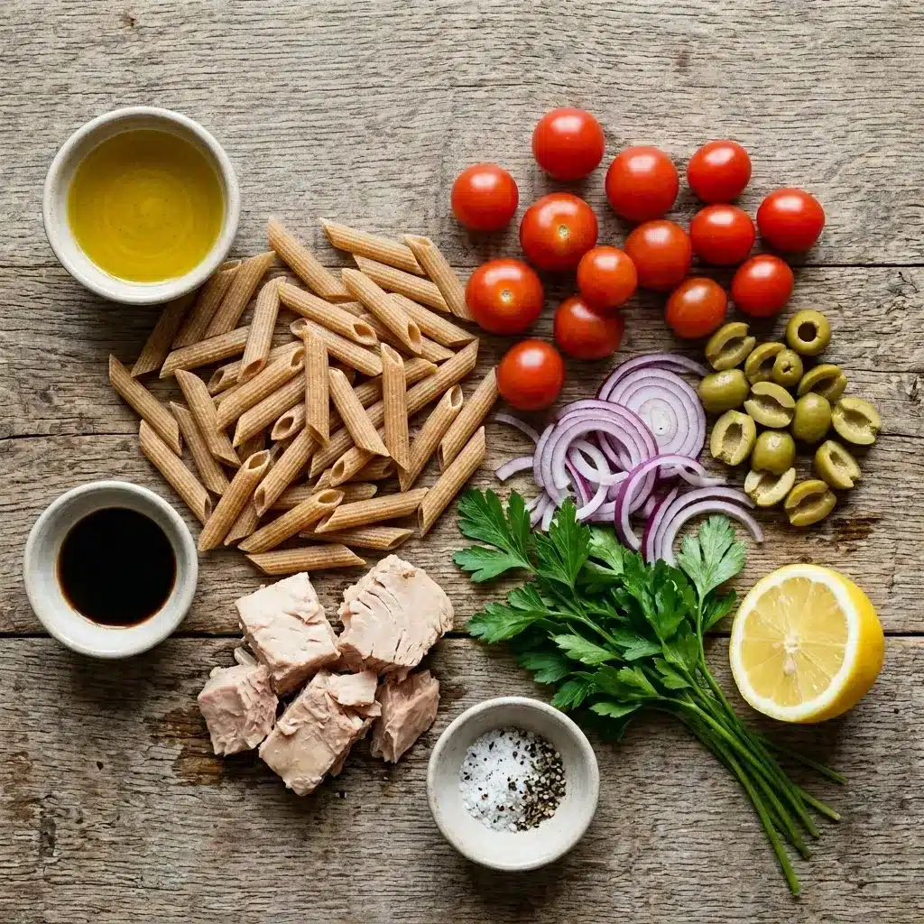 Salada de macarrão integral com atum e tomate-cereja