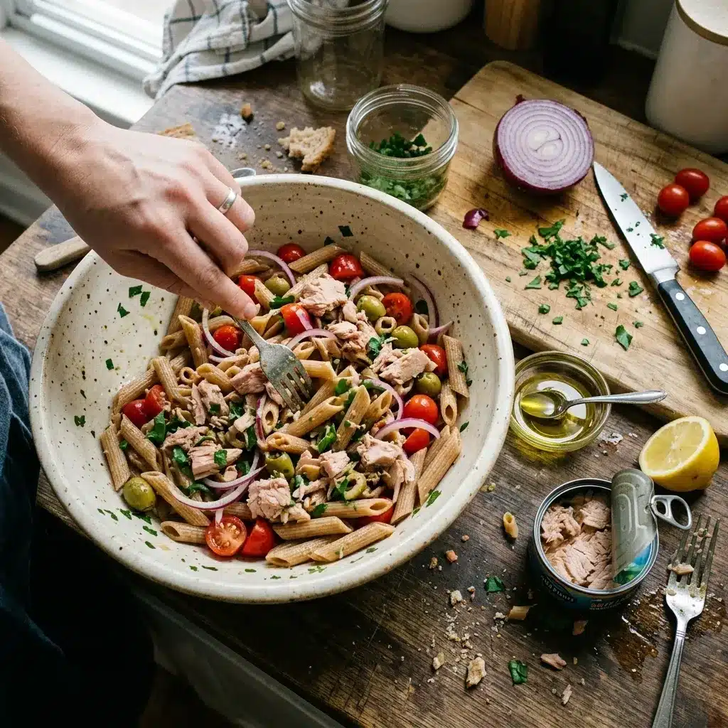 Salada de macarrão integral com atum e tomate-cereja